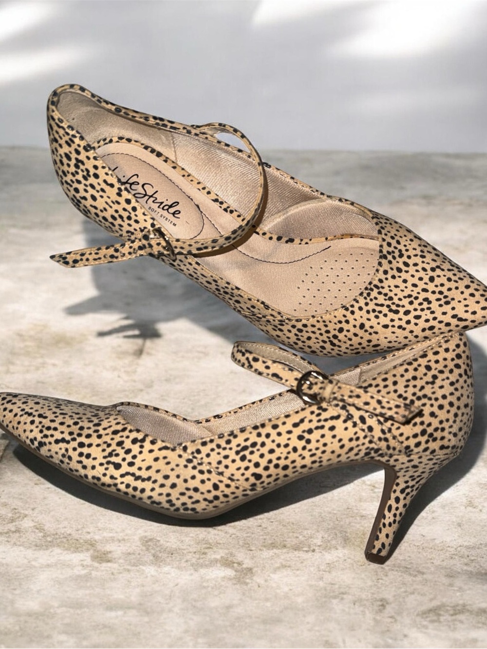 Life Stride Beige and Black Spotted Mary Jane Heels